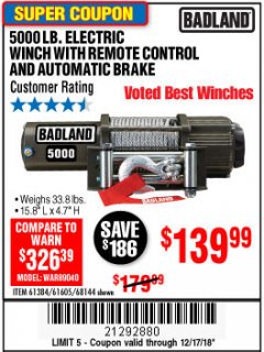 Harbor Freight Coupon 5000 LB. ELECTRIC WINCH WITH REMOTE CONTROL AND AUTOMATIC BRAKE Lot No. 61384/61605/68144 Expired: 12/17/18 - $139.99