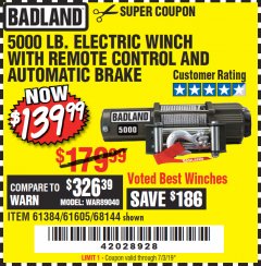 Harbor Freight Coupon 5000 LB. ELECTRIC WINCH WITH REMOTE CONTROL AND AUTOMATIC BRAKE Lot No. 61384/61605/68144 Expired: 7/3/19 - $139.99