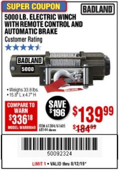 Harbor Freight Coupon 5000 LB. ELECTRIC WINCH WITH REMOTE CONTROL AND AUTOMATIC BRAKE Lot No. 61384/61605/68144 Expired: 8/12/19 - $139.99