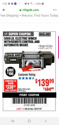 Harbor Freight Coupon 5000 LB. ELECTRIC WINCH WITH REMOTE CONTROL AND AUTOMATIC BRAKE Lot No. 61384/61605/68144 Expired: 10/27/19 - $139.99