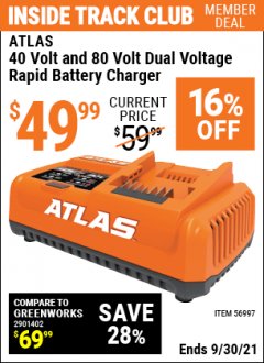 Harbor Freight ITC Coupon ATLAS 40 VOLT DUAL VOLTAGE RAPID BATTERY CHARGER Lot No. 56997 Expired: 9/30/21 - $49.99