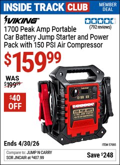 Harbor Freight Coupon VIKING 1700 PEAK AMP PORTABLE CAR BATTERY JUMP STARTER AND POWER PACK WITH 150 PSI AIR COMPRESSOR Lot No. 57085 Valid: 12/31/69 - 4/30/26 - $159.99