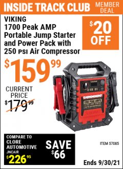 Harbor Freight ITC Coupon VIKING 1700 PEAK AMP PORTABLE JUMP STARTER AND POWER PACK WITH 250 PSI AIR COMPRESSOR Lot No. 57085 Expired: 9/30/21 - $159.99