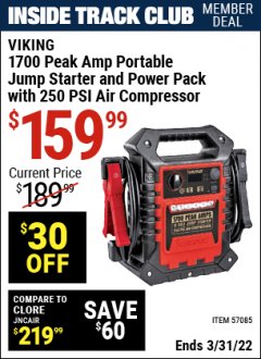 Harbor Freight ITC Coupon VIKING 1700 PEAK AMP PORTABLE JUMP STARTER AND POWER PACK WITH 250 PSI AIR COMPRESSOR Lot No. 57085 Expired: 3/31/22 - $159.99