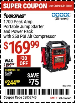Harbor Freight Coupon VIKING 1700 PEAK AMP PORTABLE JUMP STARTER AND POWER PACK WITH 250 PSI AIR COMPRESSOR Lot No. 57085 Expired: 1/22/23 - $169.99