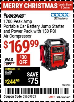 Harbor Freight Coupon VIKING 1700 PEAK AMP PORTABLE JUMP STARTER AND POWER PACK WITH 250 PSI AIR COMPRESSOR Lot No. 57085 Expired: 12/24/23 - $169.99