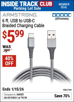 Harbor Freight ITC Coupon ARMSTRONG 6 FT. USB TO USB-C BRAIDED CHARGING CABLE Lot No. 57490 Expired: 1/15/26 - $5.99