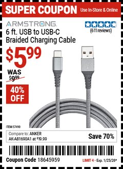 Harbor Freight Coupon ARMSTRONG 6 FT. USB TO USB-C BRAIDED CHARGING CABLE Lot No. 57490 Expired: 1/25/26 - $5.99