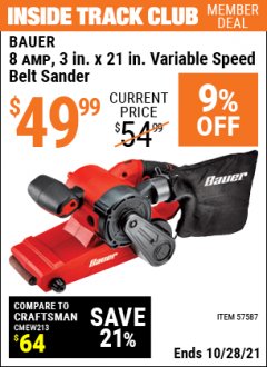 Harbor Freight ITC Coupon 8 AMP, 3 IN. X 21 IN. VARIABLE SPEED BELT SANDER Lot No. 57587 Expired: 10/28/21 - $49.99