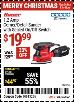 Harbor Freight Coupon BAUER 1.2 AMP CORNER/DETAIL SANDER WITH SEALED ON/OFF SWITCH Lot No. 57946 Expired: 12/26/22 - $19.99