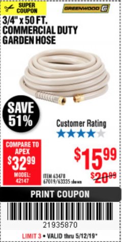 Harbor Freight Coupon 3/4" X 50 FT. COMMERCIAL DUTY GARDEN HOSE Lot No. 61769/63478/63335 Expired: 5/12/19 - $15.99