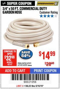 Harbor Freight Coupon 3/4" X 50 FT. COMMERCIAL DUTY GARDEN HOSE Lot No. 61769/63478/63335 Expired: 6/16/19 - $14.99