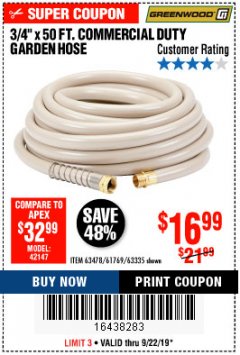 Harbor Freight Coupon 3/4" X 50 FT. COMMERCIAL DUTY GARDEN HOSE Lot No. 61769/63478/63335 Expired: 9/22/19 - $16.99