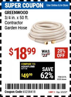 Harbor Freight Coupon 3/4" X 50 FT. COMMERCIAL DUTY GARDEN HOSE Lot No. 61769/63478/63335 Expired: 3/3/22 - $18.99