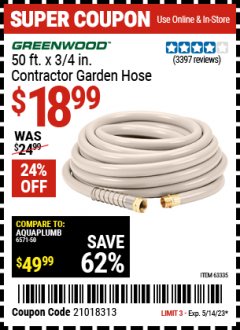 Harbor Freight Coupon 3/4" X 50 FT. COMMERCIAL DUTY GARDEN HOSE Lot No. 61769/63478/63335 Expired: 5/14/23 - $18.99