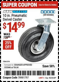Harbor Freight Coupon HAUL-MASTER 10 IN. PNEUMATIC SWIVEL CASTER Lot No. 63799 Valid Thru: 10/25/26 - $14.99