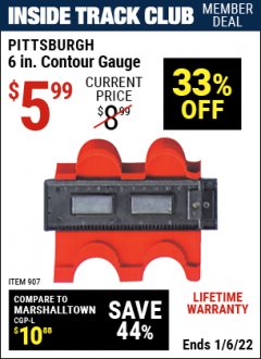 Harbor Freight ITC Coupon PITTSBURGH 6 IN. CONTOUR GAUGE Lot No. 907 Expired: 1/6/22 - $5.99