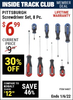 Harbor Freight ITC Coupon PITTSBURGH SCREWDRIVER SET, 8 PC. Lot No. 94607 Expired: 1/6/22 - $6.99