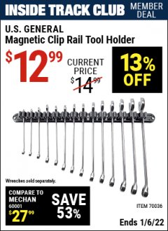 Harbor Freight ITC Coupon U. S. GENERAL MAGNETIC CLIP RAIL TOOL HOLDER Lot No. 70036 Expired: 1/6/22 - $12.99