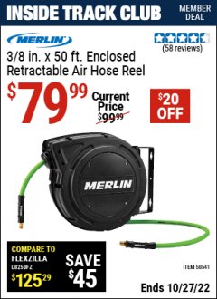 Harbor Freight ITC Coupon MERLIN 3/8 IN X 50 FT ENCLOSED RETRACTABLE AIR HOSE REEL Lot No. 58541 Expired: 10/27/22 - $79.99