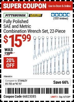Harbor Freight Coupon PITTSBURGH FULLY POLISHED SAE AND METRIC COMBINATION WRENCH SET, 22-PIECE Lot No. 69314 Valid Thru: 6/7/26 - $15.99
