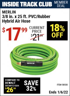 Harbor Freight ITC Coupon MERLIN 3/8 IN X 25 FT PVC/RUBBER HYBRID AIR HOSE Lot No. 58530 Expired: 1/6/22 - $17.99
