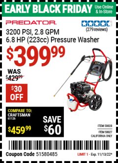 Harbor Freight Coupon PREDATOR 3200 PSI, 2.8 GPM 6.8 HP (233CC) PRESSURE WASHER Lot No. 58028,58027 Expired: 11/13/22 - $399.99