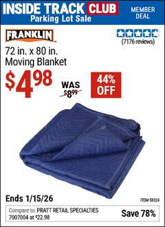 Harbor Freight ITC Coupon FRANKLIN 72 IN. X 80 IN. MOVING BLANKET Lot No. 58324 Valid Thru: 1/15/26 - $4.98
