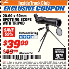 Harbor Freight ITC Coupon 20-60 x 60mm SPOTTING SCOPE WITH TRIPOD Lot No. 62774/94555 Expired: 8/31/18 - $39.99