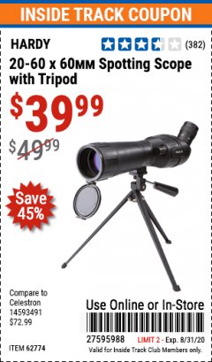 Harbor Freight ITC Coupon 20-60 x 60mm SPOTTING SCOPE WITH TRIPOD Lot No. 62774/94555 Expired: 8/31/20 - $39.99