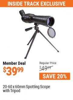 Harbor Freight ITC Coupon 20-60 x 60mm SPOTTING SCOPE WITH TRIPOD Lot No. 62774/94555 Expired: 7/1/21 - $39.99