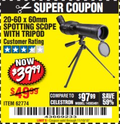 Harbor Freight Coupon 20-60 x 60mm SPOTTING SCOPE WITH TRIPOD Lot No. 62774/94555 Expired: 11/10/18 - $39.99
