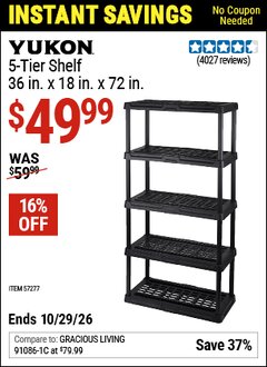 Harbor Freight Coupon YUKON 5-TIER SHELF, 36 IN. X 18 IN. X 72 IN. Lot No. 57277 Valid Thru: 10/29/26 - $49.99