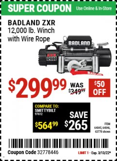 Harbor Freight Coupon BADLAND ZXR 12,000 LB. WINCH WITH WIRE ROPE Lot No. 64045, 64046, 63770 Expired: 3/13/22 - $299.99