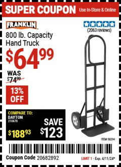 Harbor Freight Coupon HAUL-MASTER 800 LB CAPACITY HAND TRUCK Lot No. 58294 64815 Expired: 4/11/24 - $64.99