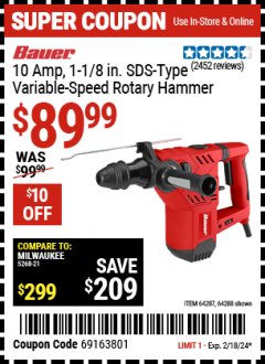 Harbor Freight Coupon BAUER 10 AMP SDS PLUS-TYPE VARIABLE SPEED ROTARY HAMMER Lot No. 64287,64288 Expired: 2/18/24 - $89.99