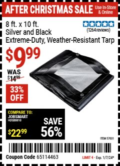 Harbor Freight Coupon 8 FT. X 10FT. SILVER AND BLACK EXTREME DUTY WEATHER RESISTANT TARP Lot No. 57031 Expired: 1/7/24 - $9.99