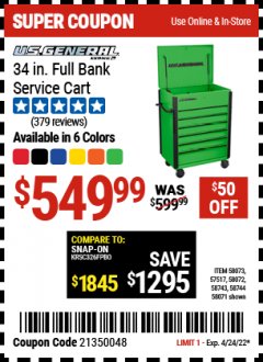 Harbor Freight Coupon U.S. GENERAL 34 IN. FULL BANK SERVICE CART Lot No. 58073, 58744, 58743, 58071, 58072, 57517 Expired: 4/24/22 - $549.99