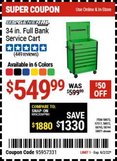 Harbor Freight Coupon U.S. GENERAL 34 IN. FULL BANK SERVICE CART Lot No. 58073, 58744, 58743, 58071, 58072, 57517 Expired: 6/2/22 - $549.99
