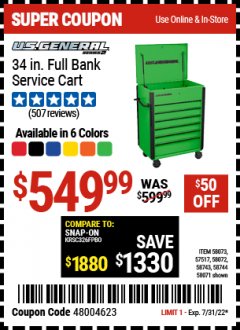 Harbor Freight Coupon U.S. GENERAL 34 IN. FULL BANK SERVICE CART Lot No. 58073, 58744, 58743, 58071, 58072, 57517 Expired: 7/31/22 - $549.99