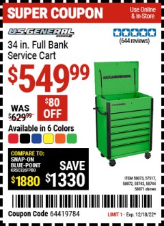 Harbor Freight Coupon U.S. GENERAL 34 IN. FULL BANK SERVICE CART Lot No. 58073, 58744, 58743, 58071, 58072, 57517 Expired: 12/18/22 - $549.99