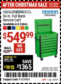 Harbor Freight Coupon U.S. GENERAL 34 IN. FULL BANK SERVICE CART Lot No. 58073, 58744, 58743, 58071, 58072, 57517 Expired: 1/8/23 - $549.99