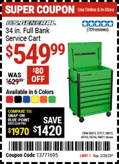 Harbor Freight Coupon U.S. GENERAL 34 IN. FULL BANK SERVICE CART Lot No. 58073, 58744, 58743, 58071, 58072, 57517 Expired: 2/20/23 - $549.99