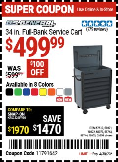 Harbor Freight Coupon U.S. GENERAL 34 IN. FULL BANK SERVICE CART Lot No. 58073, 58744, 58743, 58071, 58072, 57517 Expired: 4/30/23 - $499.99