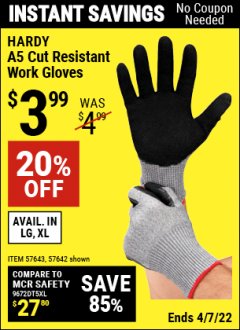 Harbor Freight Coupon HARDY A5 CUT RESISTANT WORK GLOVES Lot No. 57643,57642 Expired: 4/7/22 - $3.99