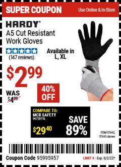 Harbor Freight Coupon HARDY A5 CUT RESISTANT WORK GLOVES Lot No. 57643,57642 Expired: 6/2/22 - $2.99