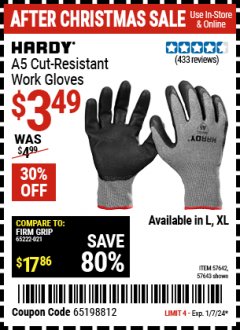 Harbor Freight Coupon HARDY A5 CUT RESISTANT WORK GLOVES Lot No. 57643,57642 Expired: 1/7/24 - $3.4