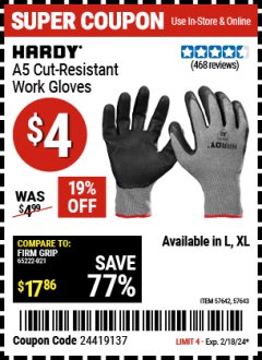 Harbor Freight Coupon HARDY A5 CUT RESISTANT WORK GLOVES Lot No. 57643,57642 Expired: 2/18/24 - $4