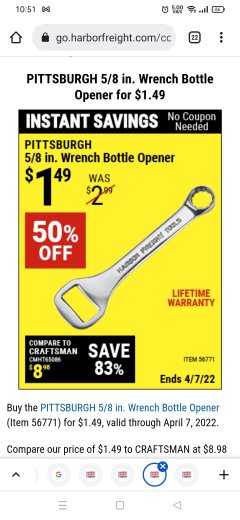 Harbor Freight Coupon PITTSBURGH 5/8 IN. WRENCH BOTTLE OPENER Lot No. 56771 Expired: 4/7/22 - $1.49