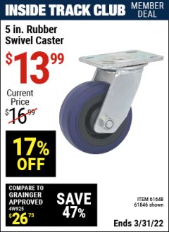 Harbor Freight ITC Coupon 5 IN RUBBER SWIVEL CASTER Lot No. 61648/61846 Expired: 3/31/22 - $13.99